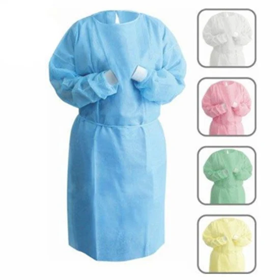 Precio al por mayor de fábrica de China Azul Amarillo Rojo Blanco 30GSM 40GSM Traje de delantal PP PE SMS Uniforme médico desechable Bata de aislamiento quirúrgico para hospital