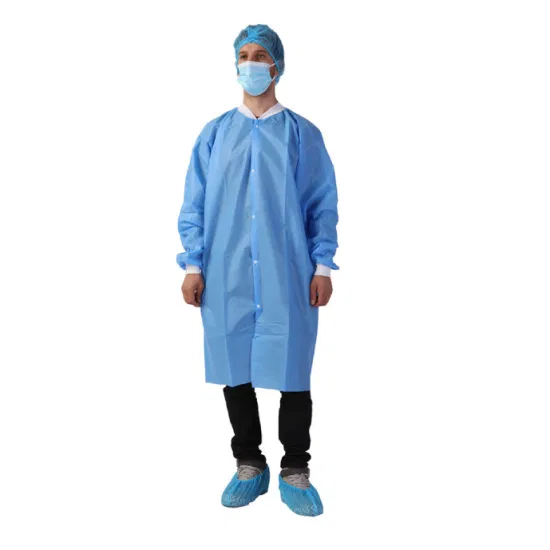 Unisex PP SMS no tejido blanco azul uniforme ropa de trabajo médico hospital dentista médico bata de laboratorio desechable con broche/cremallera para la industria alimentaria